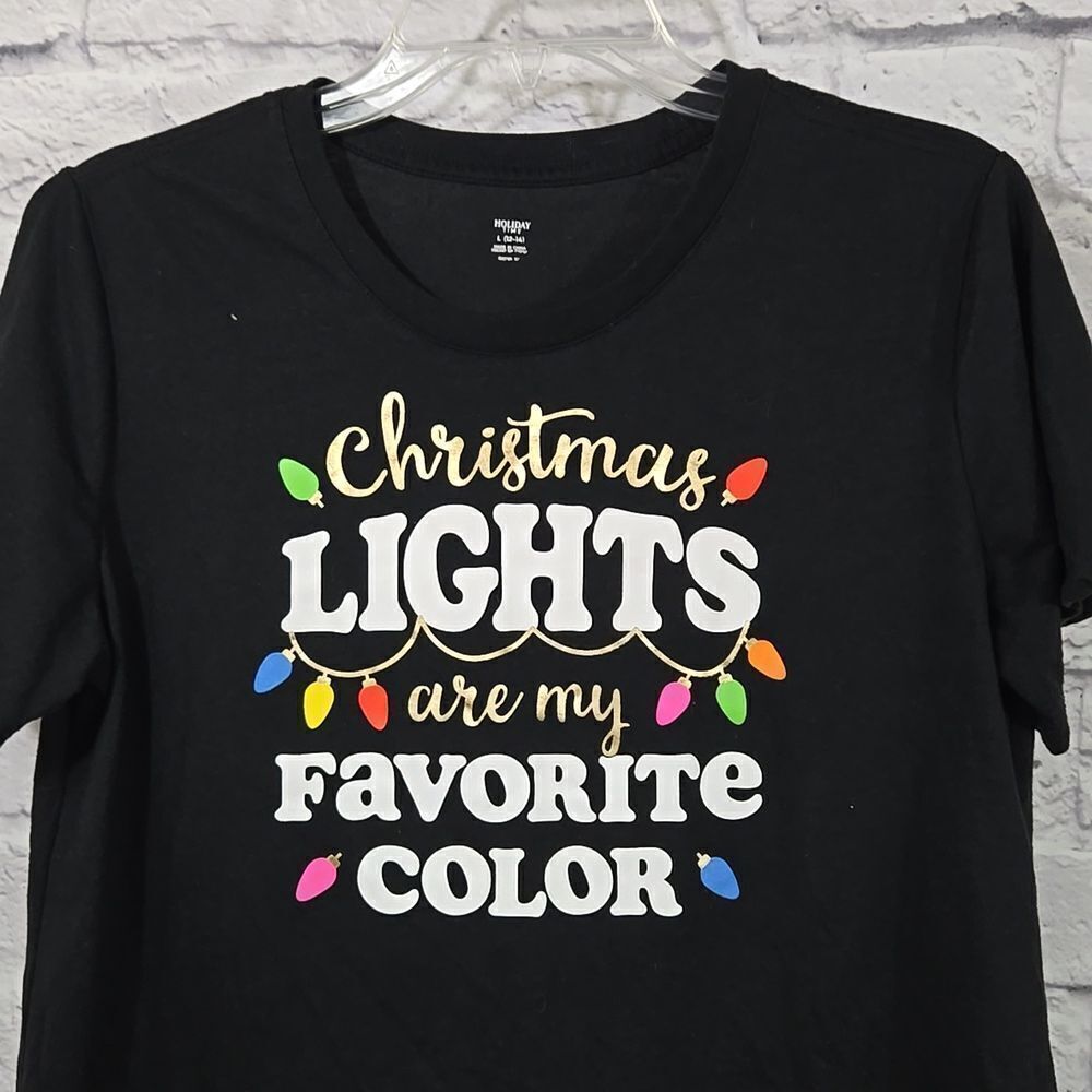 Women's Christmas Lights Short Sleeve T-shirt L 12/14 Festive Black Holiday Tee